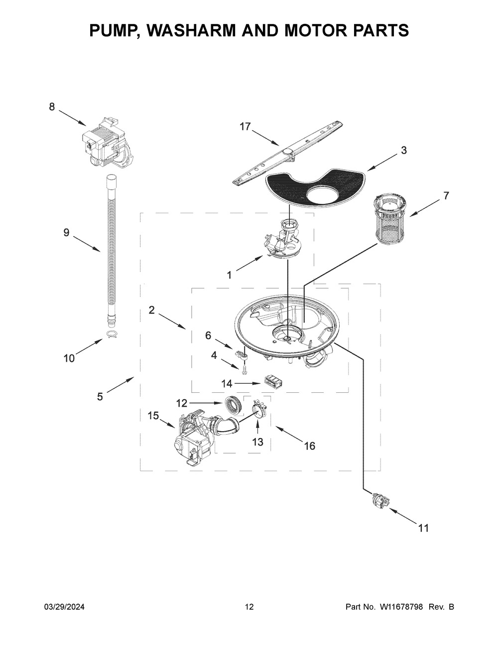 Pump, Washarm And Motor Parts Diagram and Parts List for WDT540HAMZ1  Whirlpool Dishwasher
