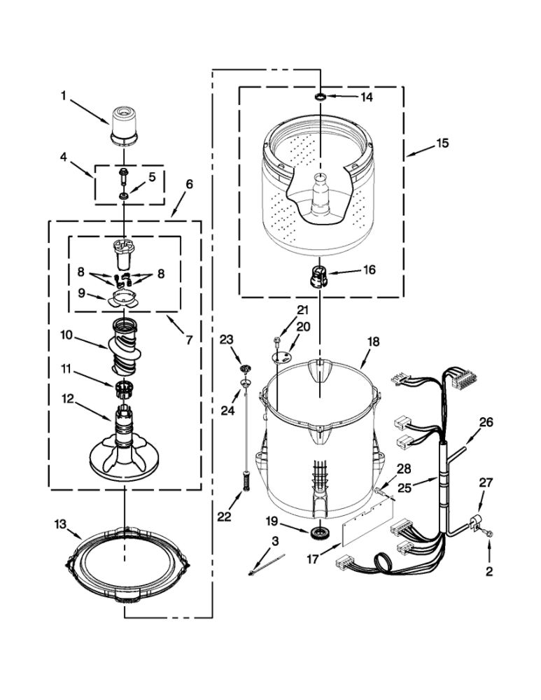 Basket And Tub Parts Diagram and Parts List for 11021182013  Kenmore Washer