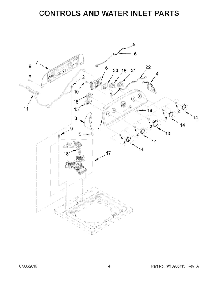 Controls And Water Inlet Parts Diagram and Parts List for 2DWTW4845EW1  Whirlpool Washer