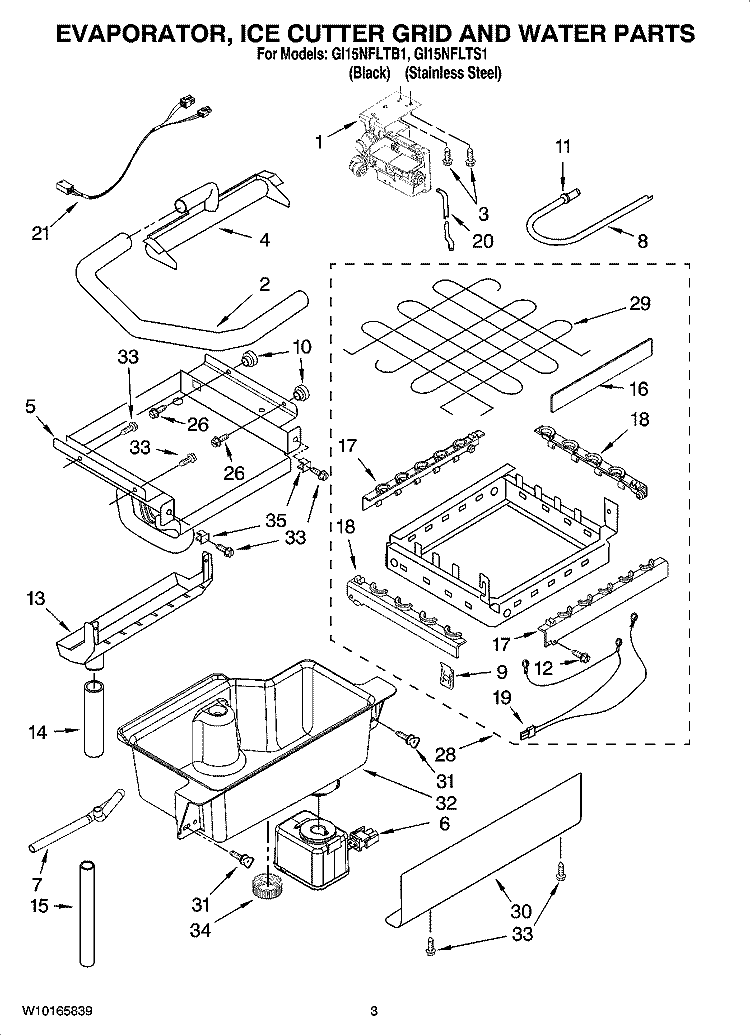 EVAPORATOR, ICE CUTTER GRID AND WATER PARTS Diagram and Parts List for GI15NFLTS1  Whirlpool Ice Maker