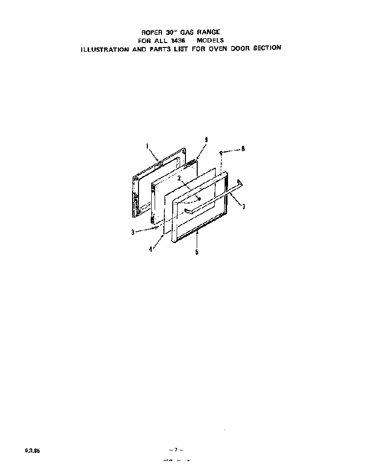Oven Door Diagram and Parts List for 1436*1A  Roper Range