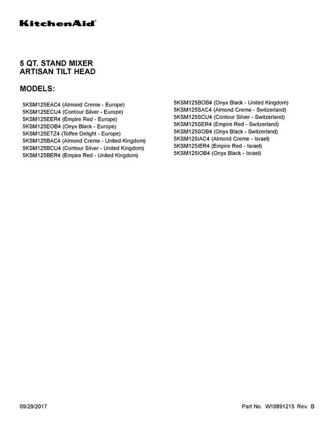 01 - Cover Sheet Diagram and Parts List for 5KSM125IAC4  KitchenAid Dishwasher