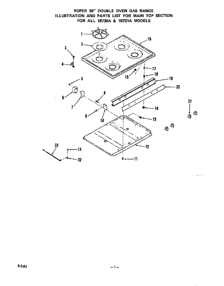 Main Top Diagram and Parts List for 1873*1A  Roper Wall Oven