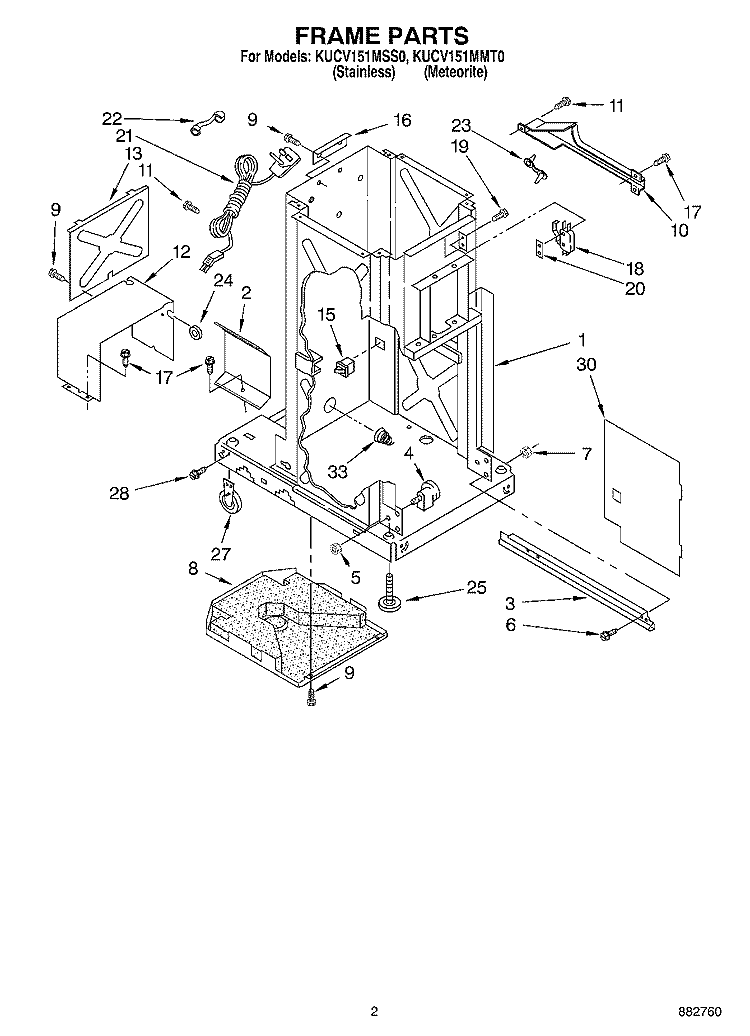 FRAME PARTS Diagram and Parts List for KUCV151MMT0  KitchenAid Trash Compactor