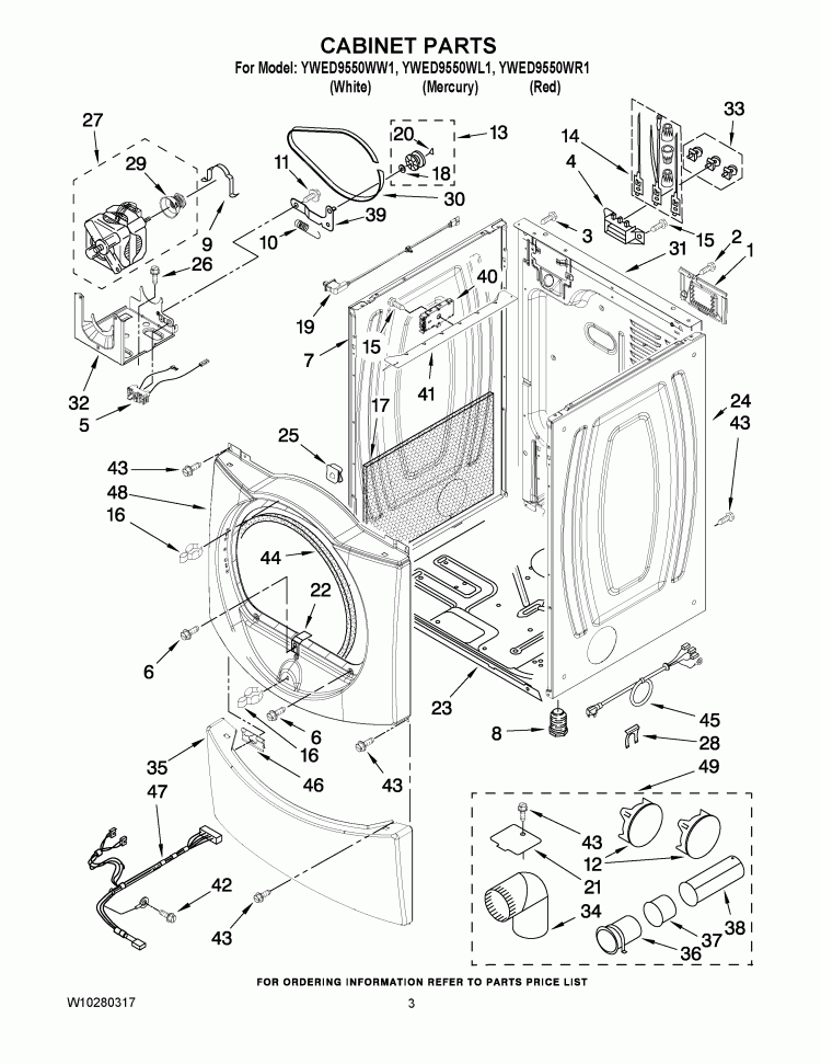 CABINET PARTS Diagram and Parts List for YWED9550WR1  Whirlpool Dryer