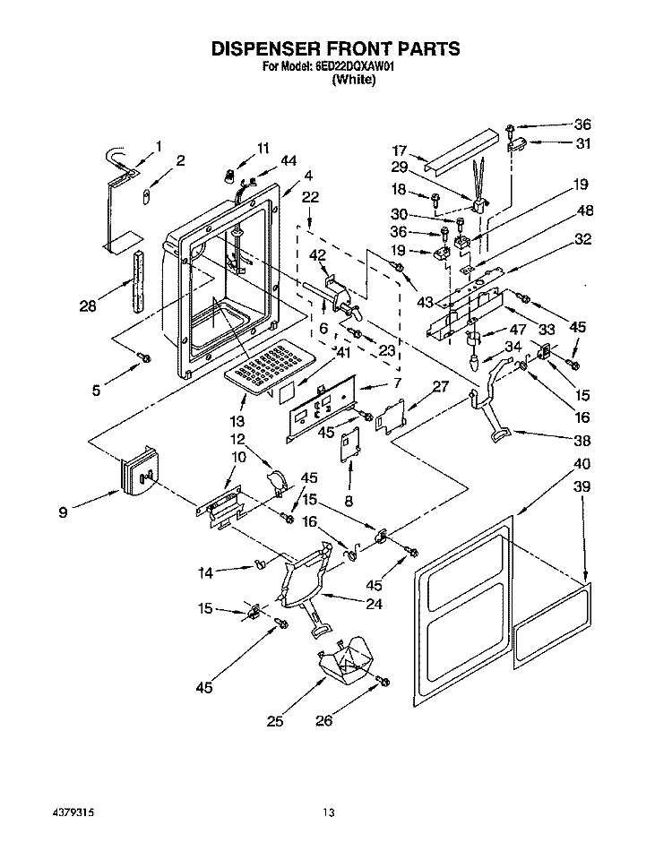DISPENSER FRONT Diagram and Parts List for 6ED22DQXAW01  Whirlpool Refrigerator