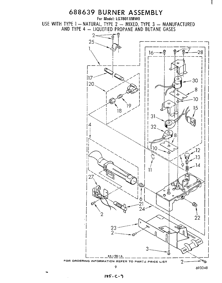 688639 BURNER Diagram and Parts List for LG7801XMW0  Whirlpool Dryer