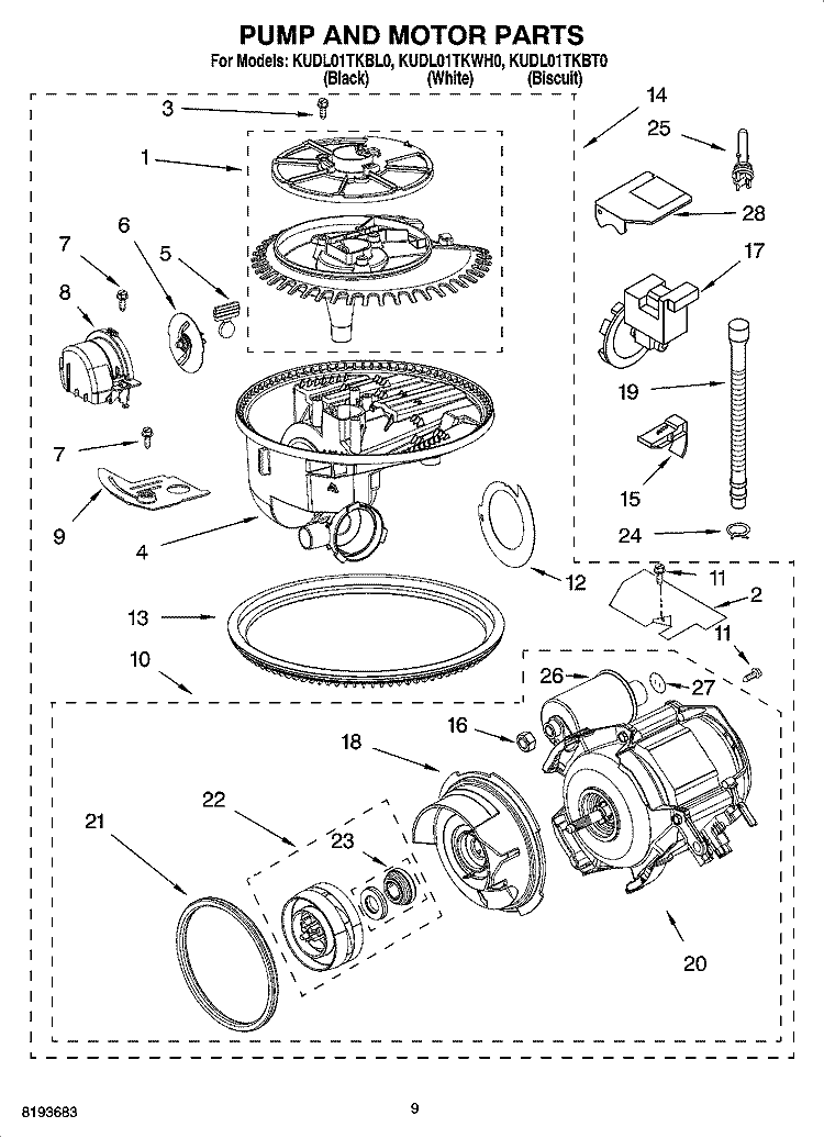 PUMP AND MOTOR PARTS Diagram and Parts List for KUDL01TKBL0  KitchenAid Dishwasher