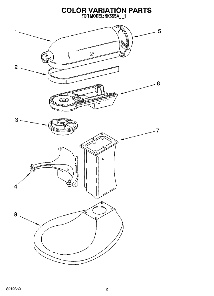 COLOR VARIATION PARTS Diagram and Parts List for 5K5SSAWH1  KitchenAid Mixer