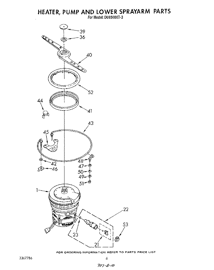 HEATER, PUMP AND LOWER SPRAYARM Diagram and Parts List for DU8500XT3  Whirlpool Dishwasher