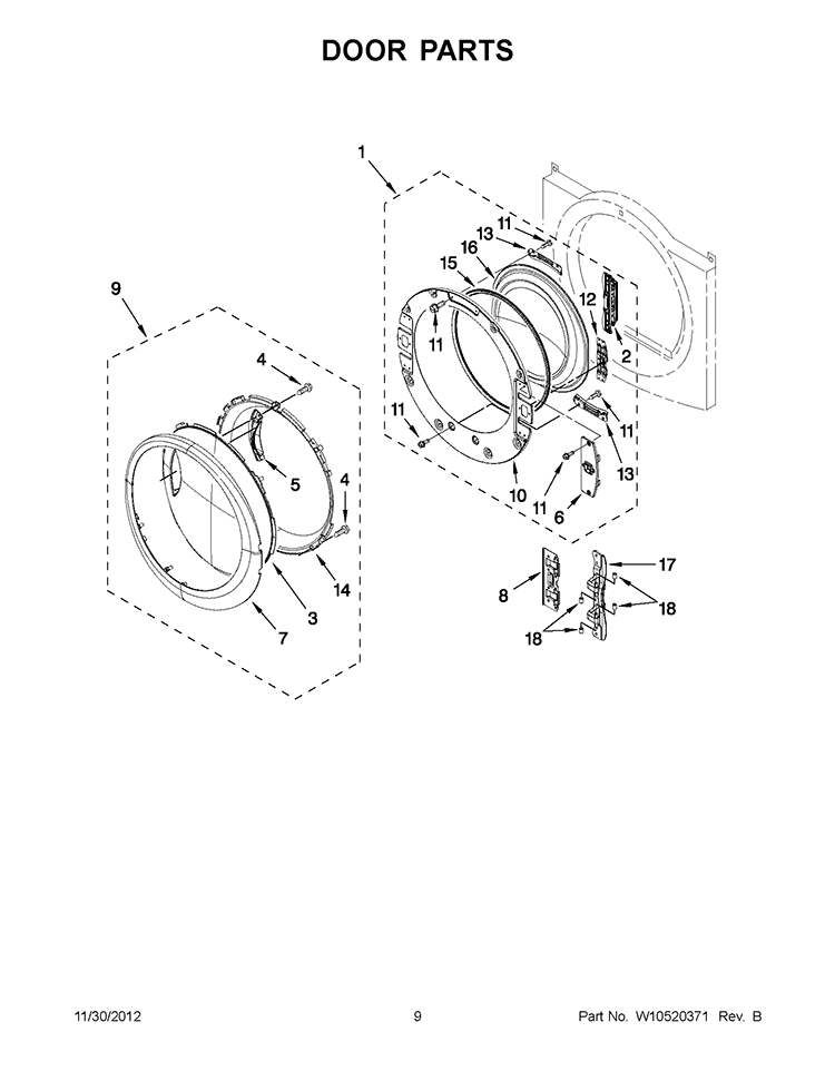 DOOR PARTS Diagram and Parts List for YWED88HEAW0  Whirlpool Dryer