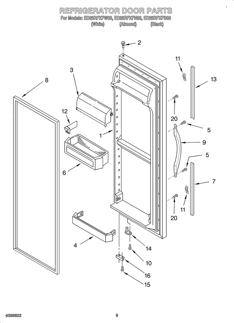 Refrigerator Door Diagram and Parts List for OEMED25RFXFW03  Whirlpool Refrigerator