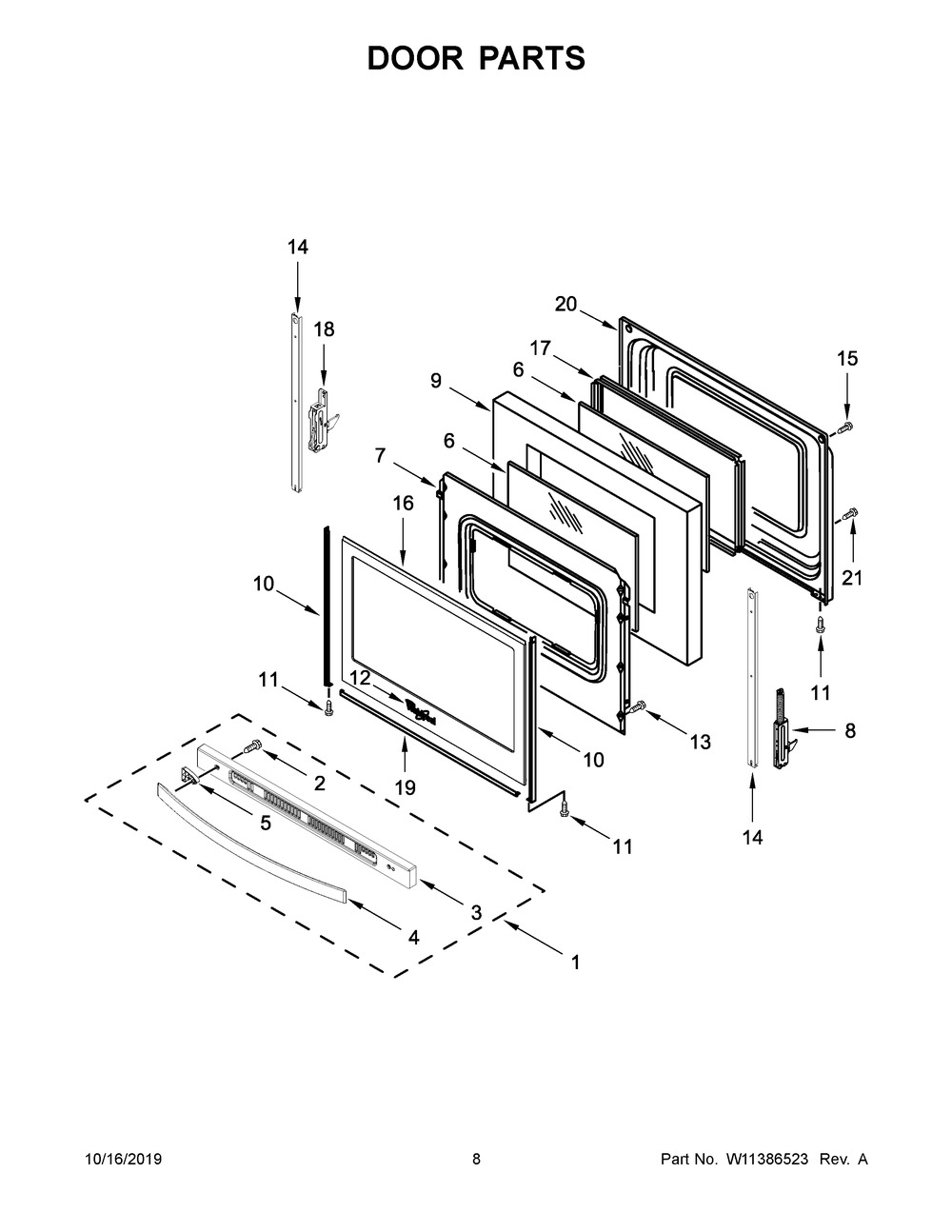 Door Parts Diagram and Parts List for WFE515S0JB0  Whirlpool Range