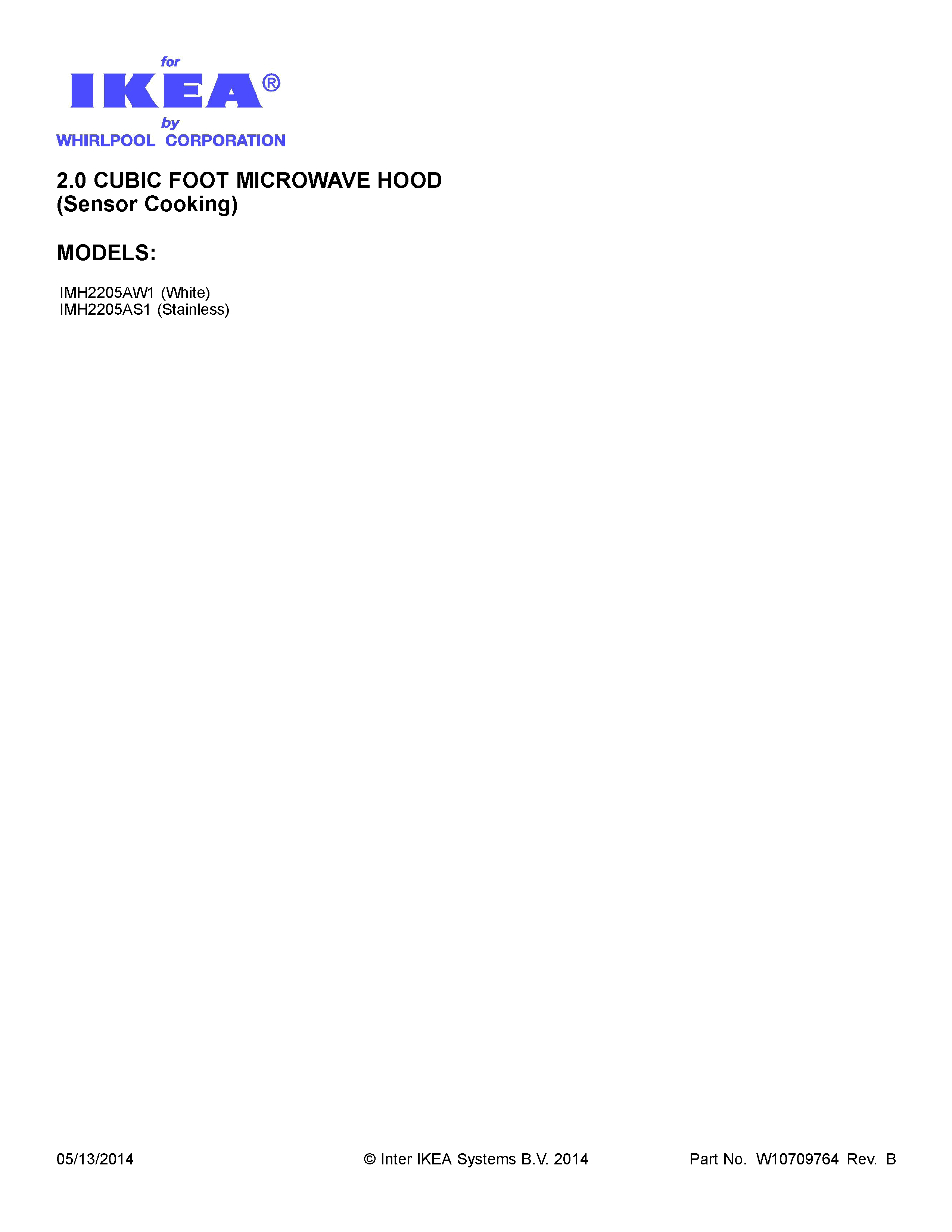 Cover  Sheet Diagram and Parts List for IMH2205AW1  Whirlpool Microwave