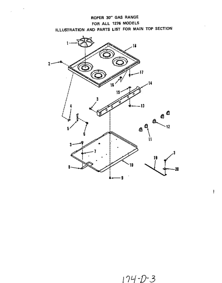 Main Top Diagram and Parts List for 1276*0A  Roper Range