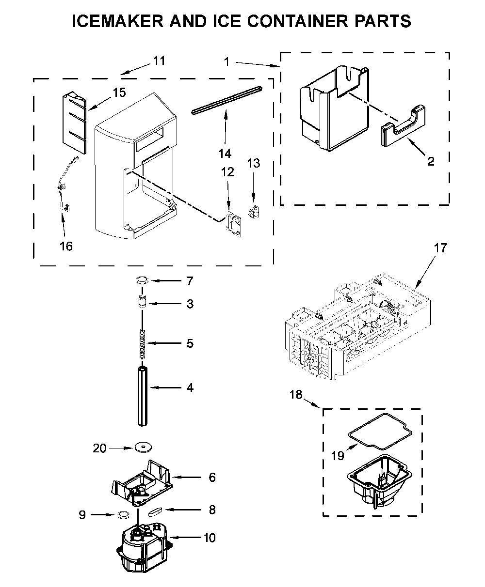 Icemaker and ice container parts Diagram and Parts List for 10651769512  Kenmore Refrigerator