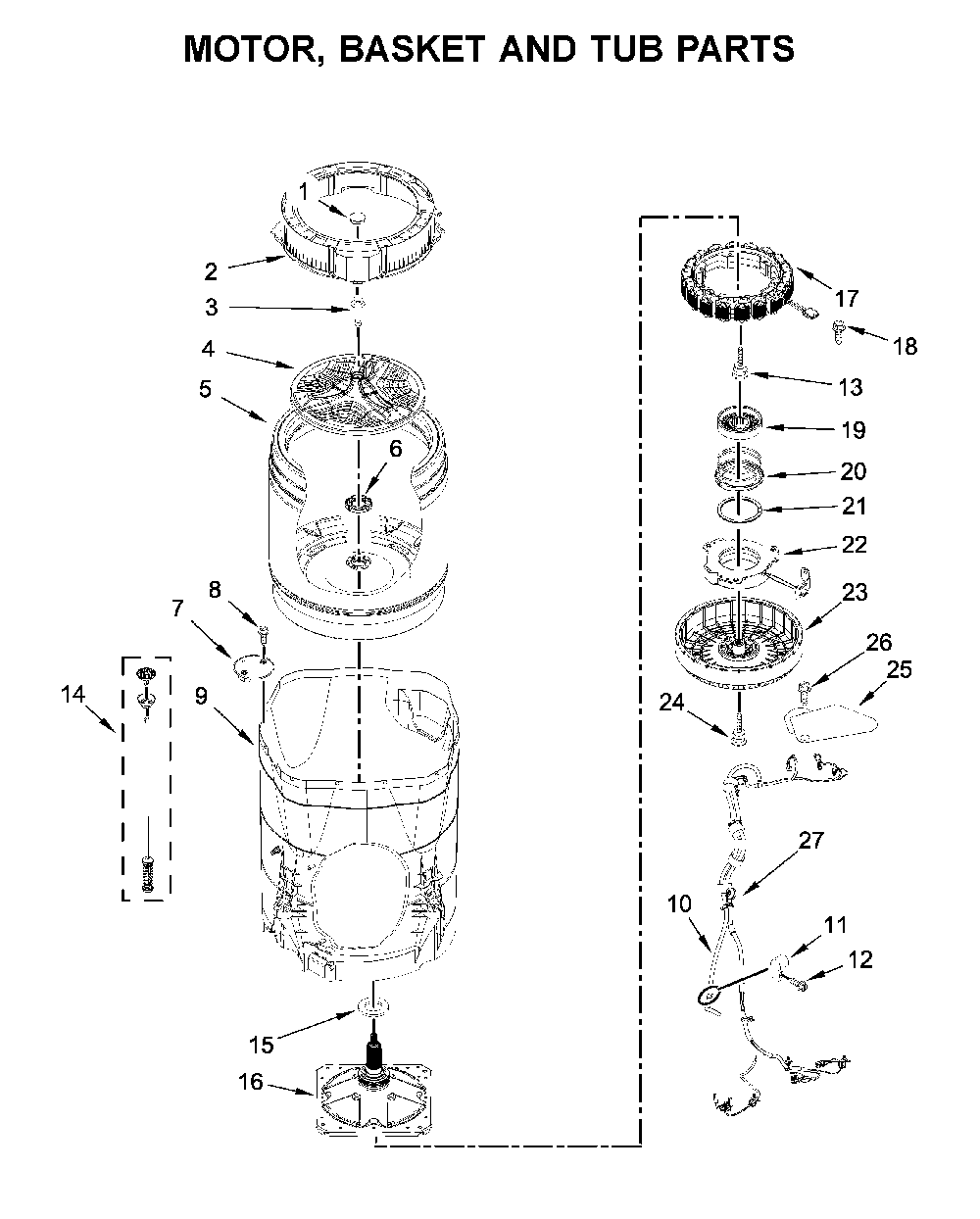 Motor, basket and tub parts Diagram and Parts List for WTW7500GC3  Whirlpool Washer