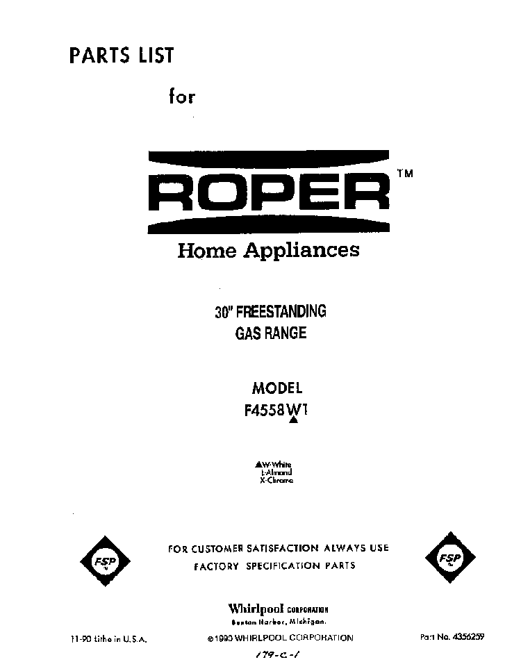 Front Cover Diagram and Parts List for F4558*1  Roper Range