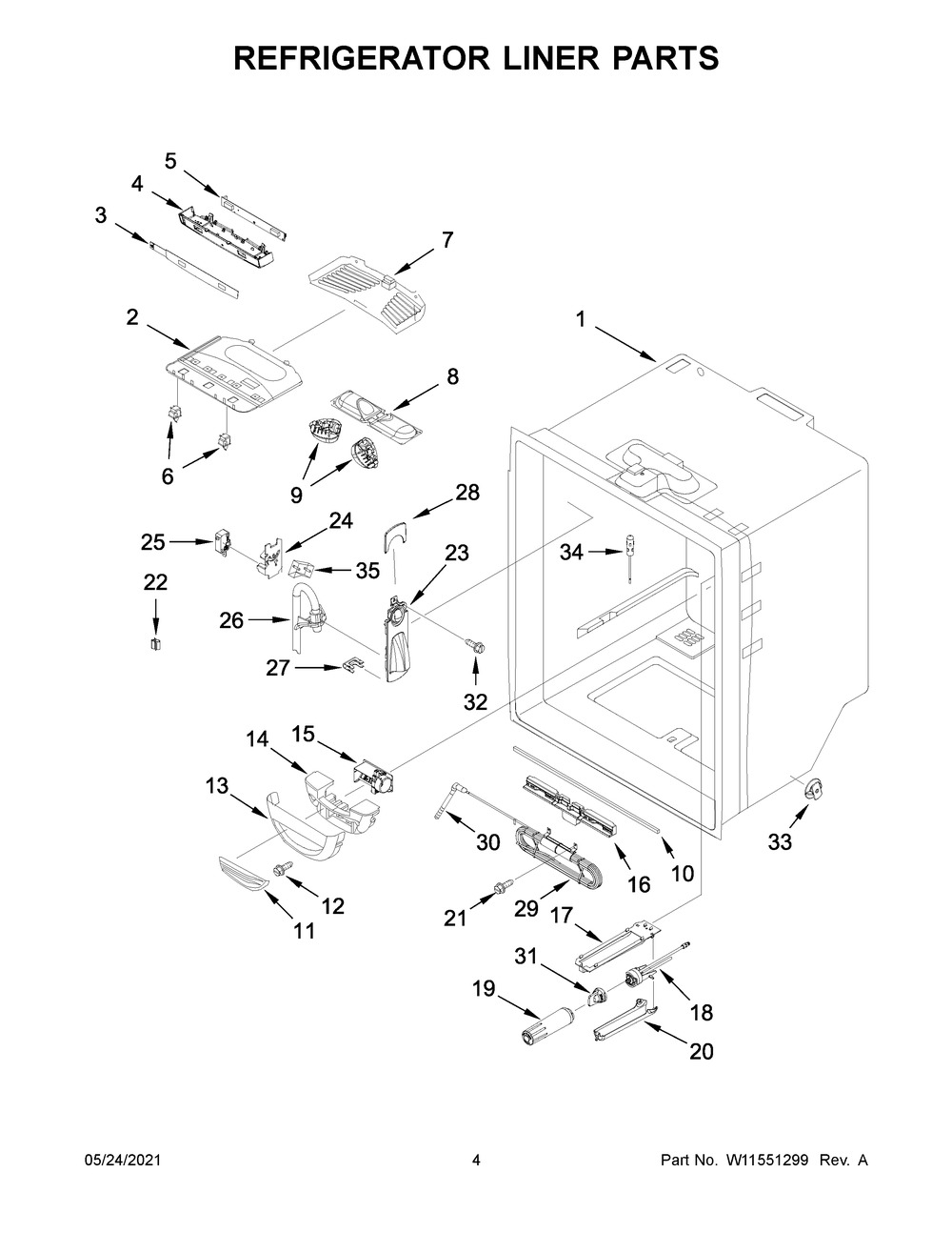 Refrigerator Liner Parts Diagram and Parts List for KRFF305EBS05  Whirlpool Refrigerator