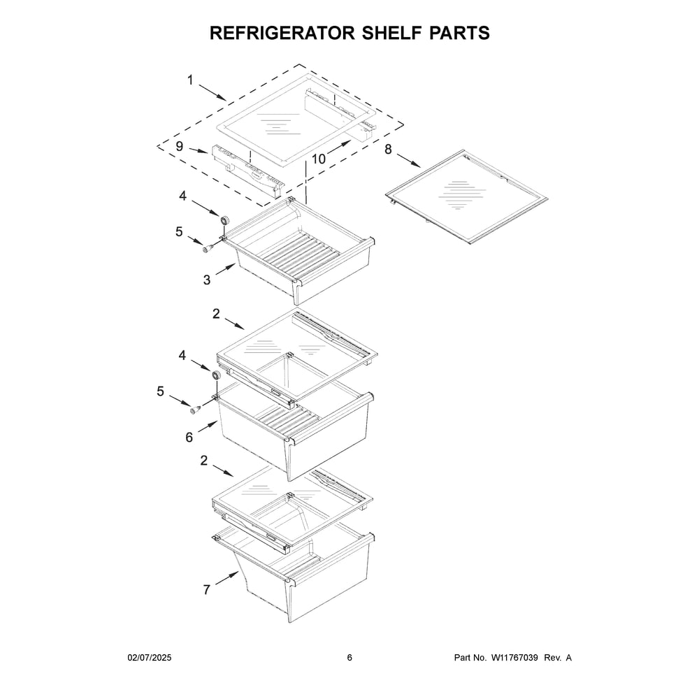 Refrigerator Shelf Parts Diagram and Parts List for WRSF6536RZ00  Whirlpool Refrigerator