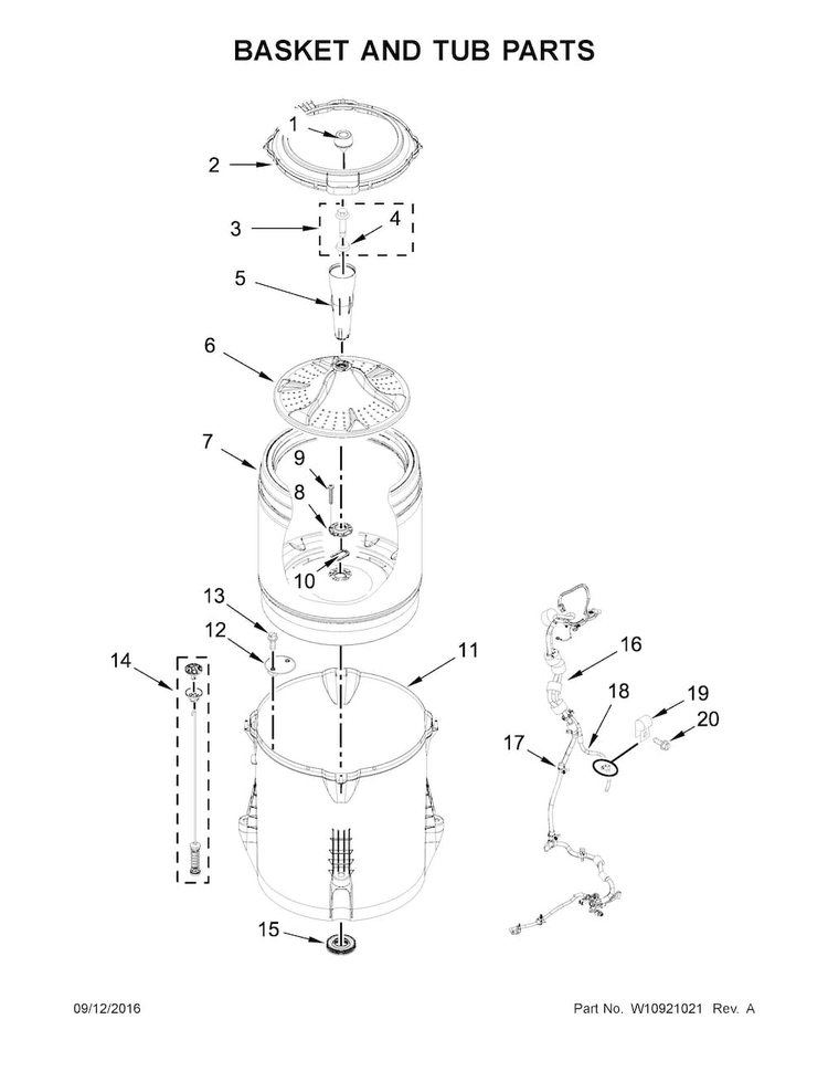 Basket And Tub Parts Diagram and Parts List for 11022442512  Kenmore Washer
