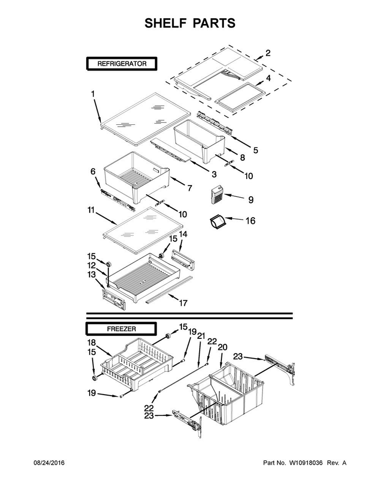 Shelf Parts Diagram and Parts List for WRF560SMYE04  Whirlpool Refrigerator