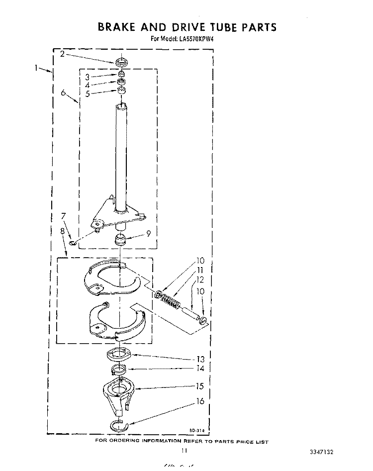 BRAKE AND DRIVE TUBE Diagram and Parts List for LA5570XPW4  Whirlpool Washer
