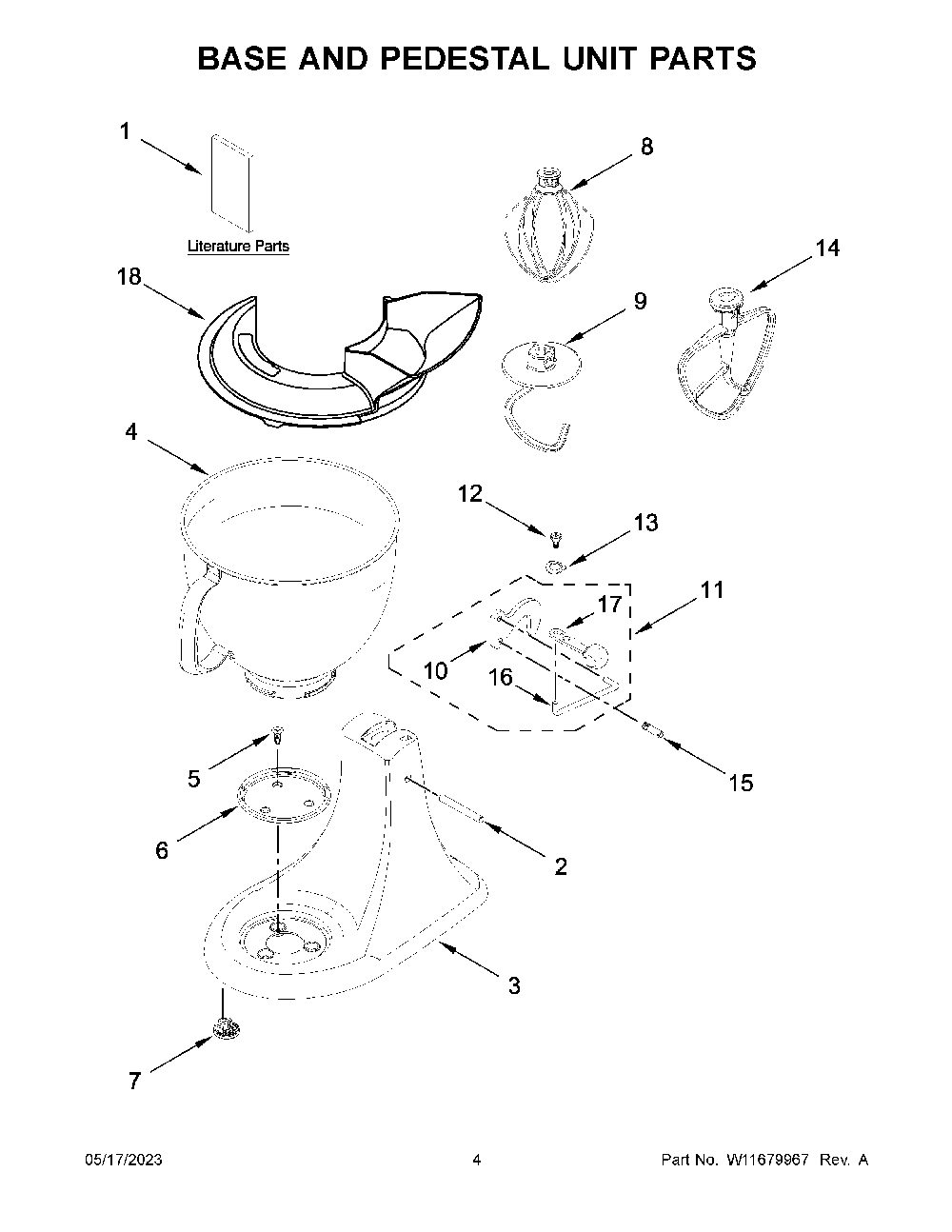Base And Pedestal Unit Parts Diagram and Parts List for KSM100PSOB5  KitchenAid Mixer