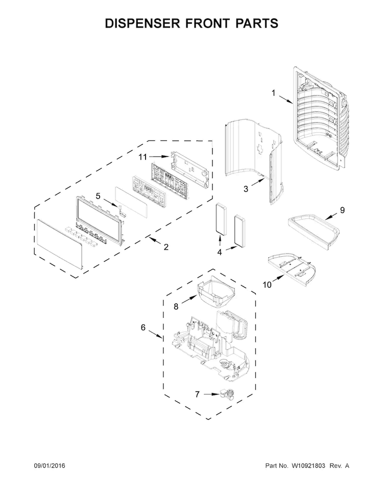 Dispenser Front Parts Diagram and Parts List for WRX735SDBH01  Whirlpool Refrigerator