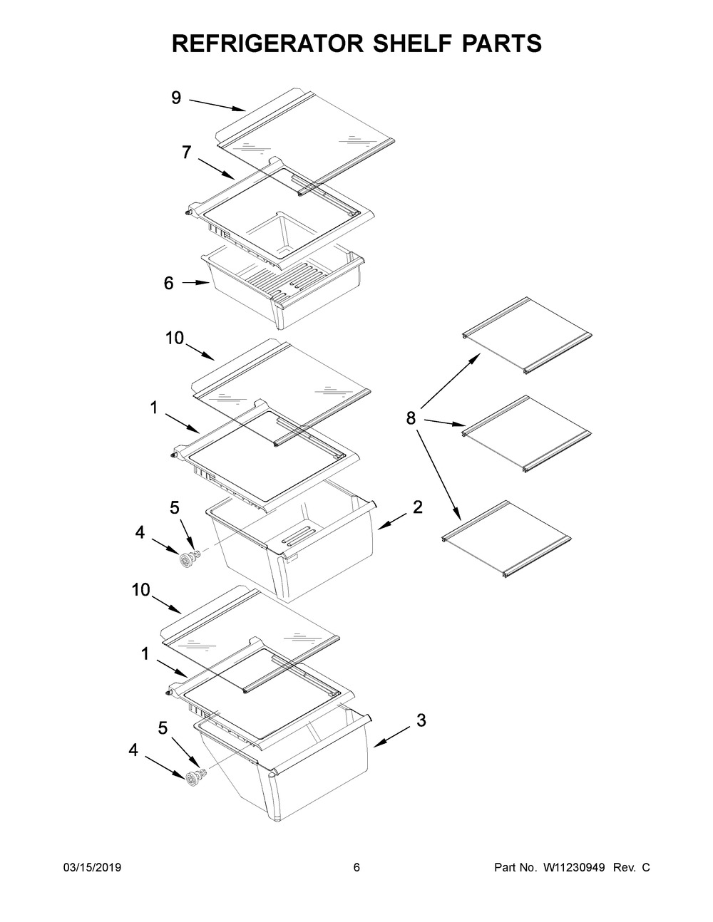 Refrigerator Shelf Parts Diagram and Parts List for WRS335SDHM00  Whirlpool Refrigerator