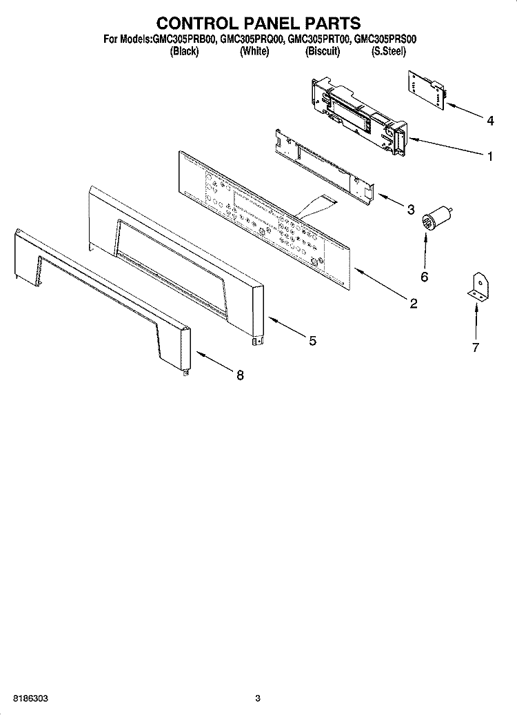 CONTROL PANEL PARTS Diagram and Parts List for GMC305PRB00  Whirlpool Microwave Oven Combo