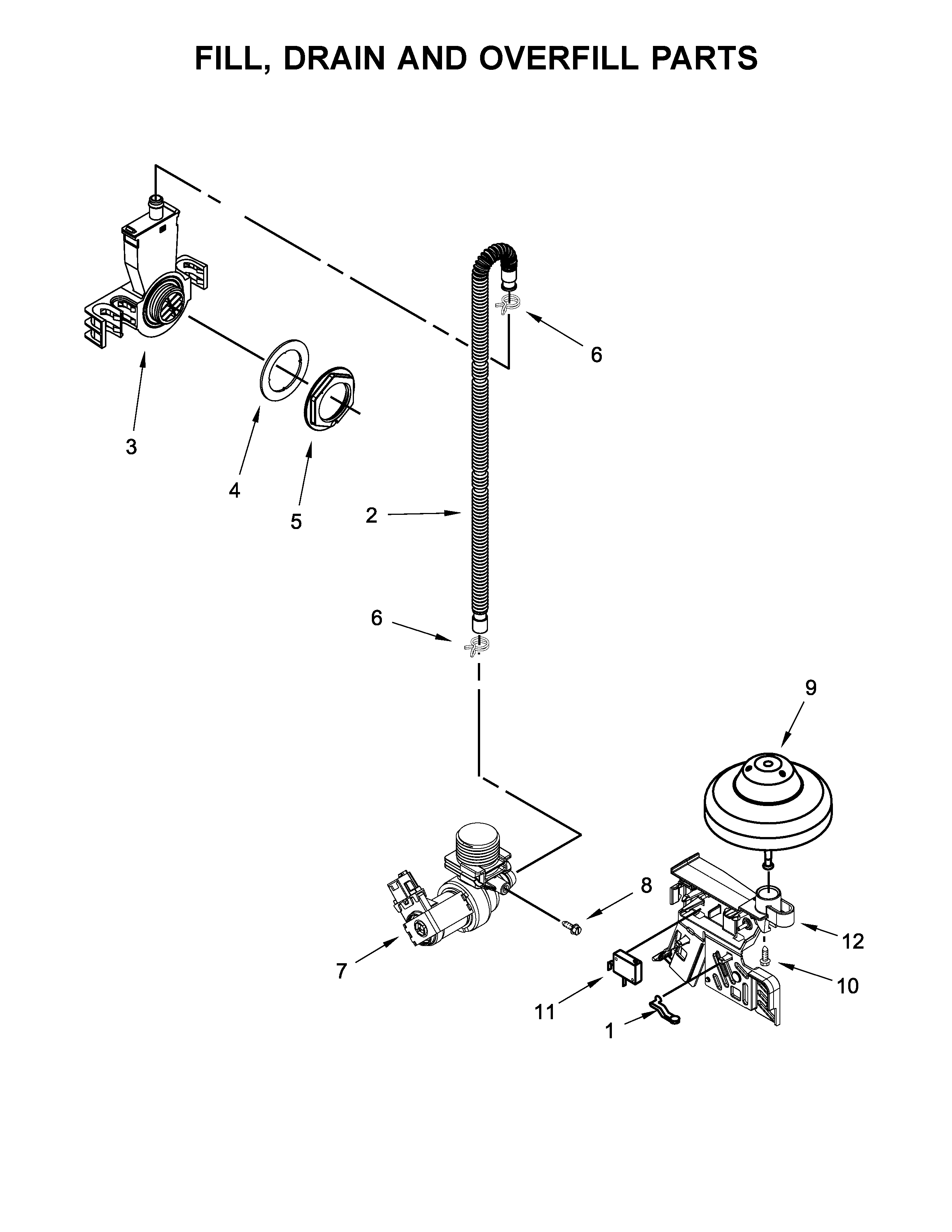Fill, Drain And Overfill Parts Diagram and Parts List for 66517489N710  Kenmore Dishwasher