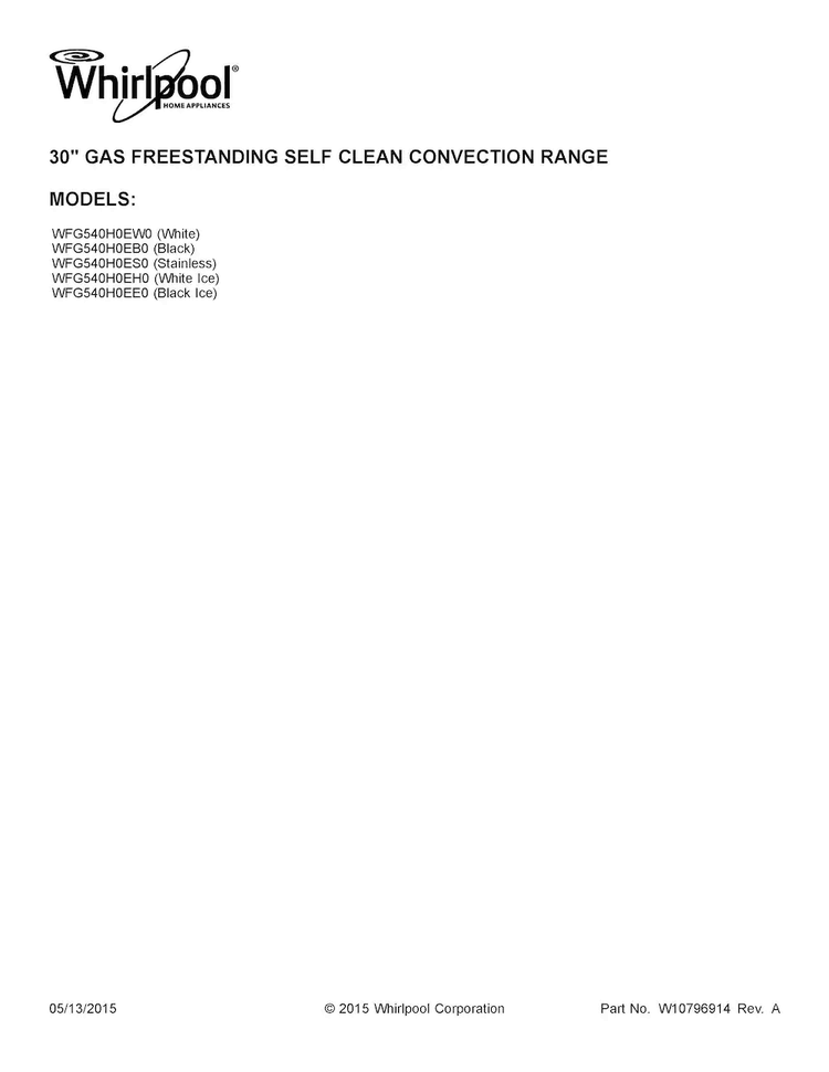 Cover Sheet Diagram and Parts List for WFG540H0EB0  Whirlpool Range