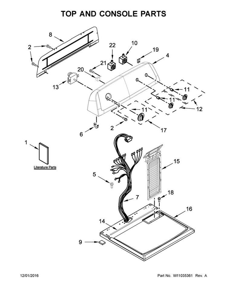 Top And Console Parts Diagram and Parts List for 4KWED4705FW0  Whirlpool Dryer