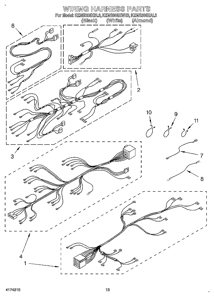 WIRING HARNESS Diagram and Parts List for KEMS306XBL3  KitchenAid Wall Oven
