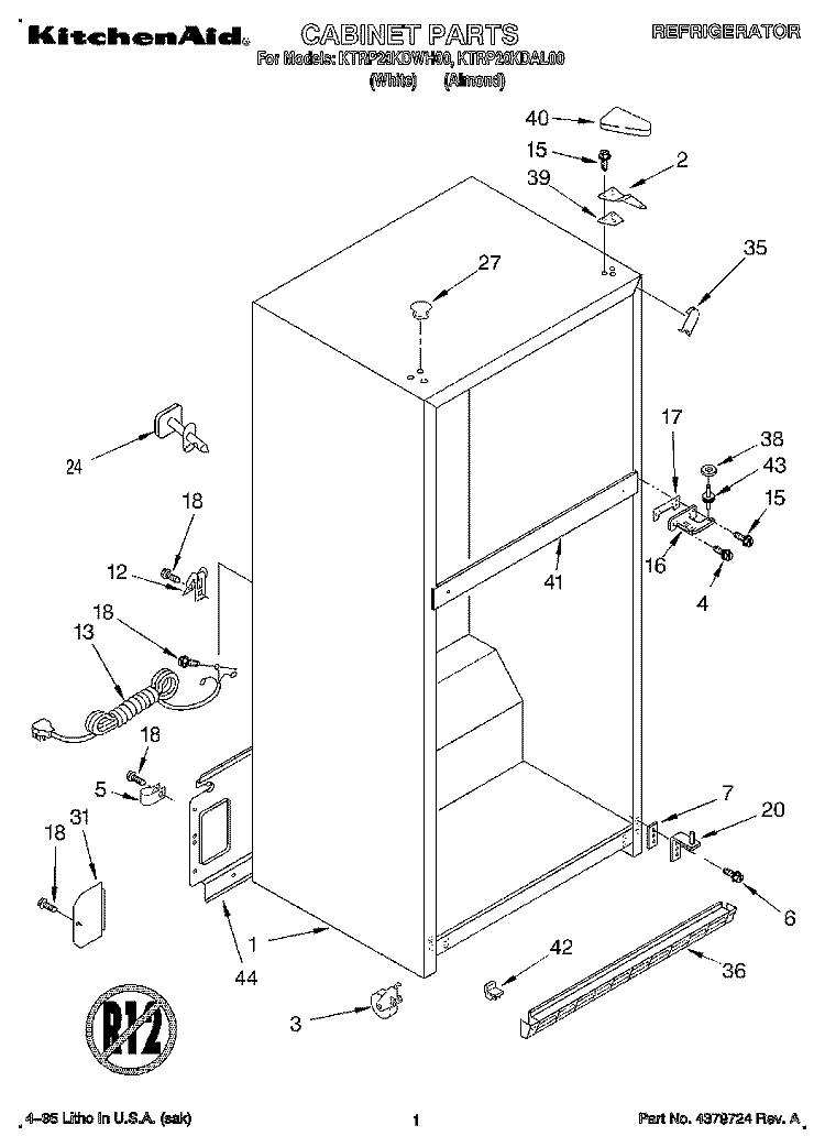 CABINET Diagram and Parts List for KTRP20KDAL00  KitchenAid Refrigerator