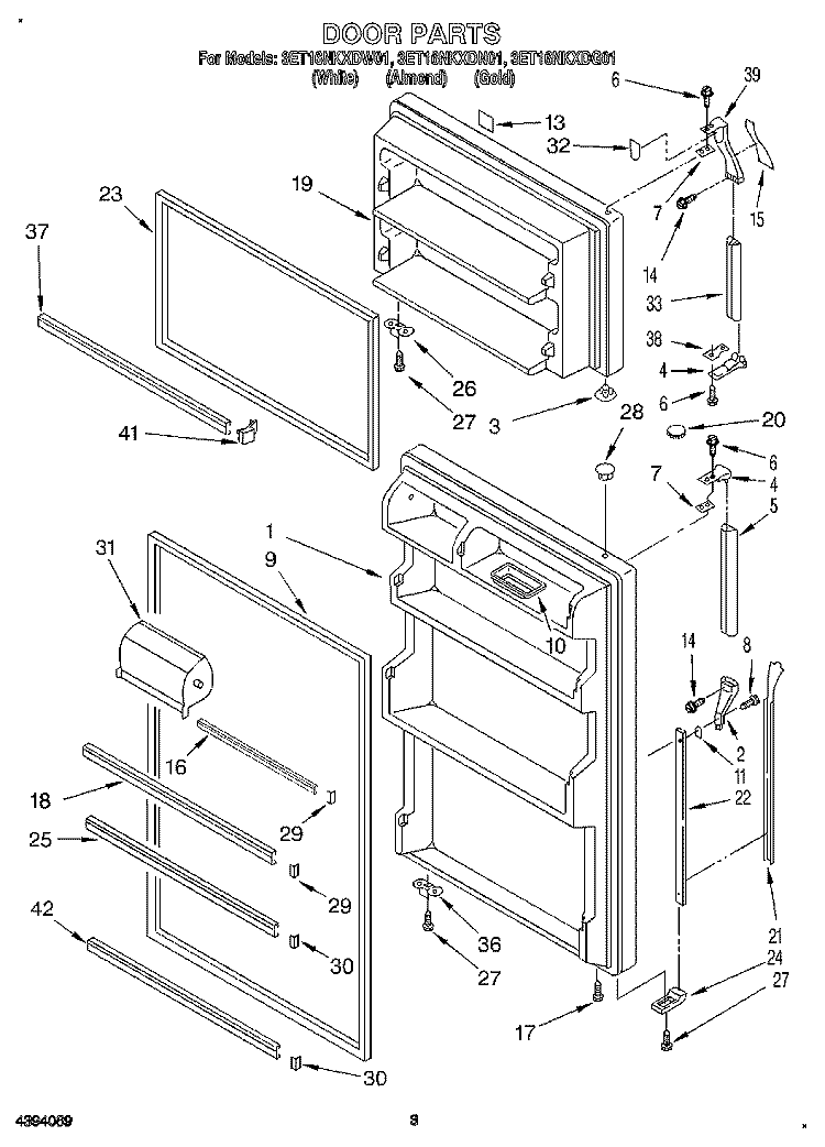 DOOR Diagram and Parts List for 3ET16NKXDG01  Whirlpool Refrigerator