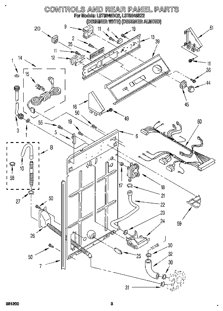 CONTROLS AND REAR PANEL Diagram and Parts List for LST9245BZ2  Whirlpool Washer