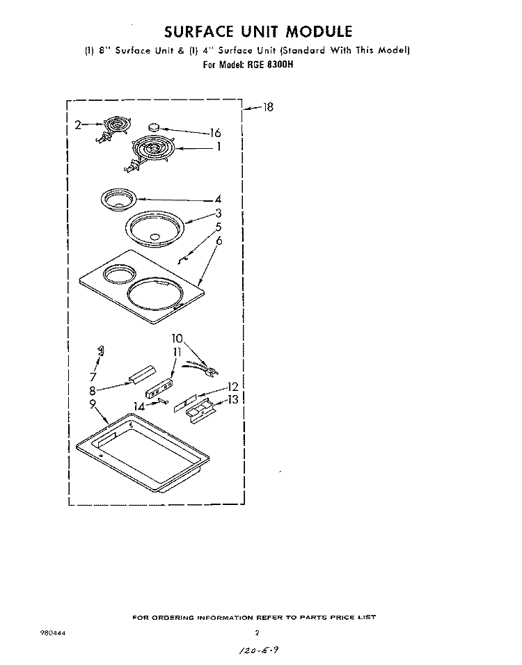 SURFACE UNIT Diagram and Parts List for RGE8300H  Whirlpool Range