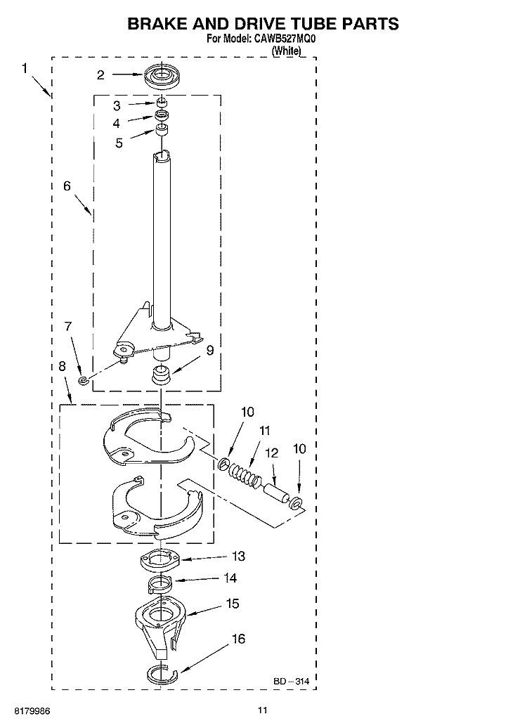 BRAKE AND DRIVE TUBE PARTS Diagram and Parts List for CAWB527MQ0  Crosley Washer