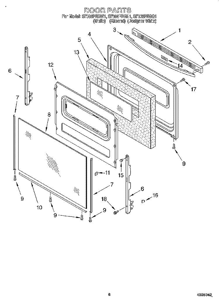 DOOR, LIT/OPTIONAL Diagram and Parts List for SF306PEGW1  Whirlpool Range