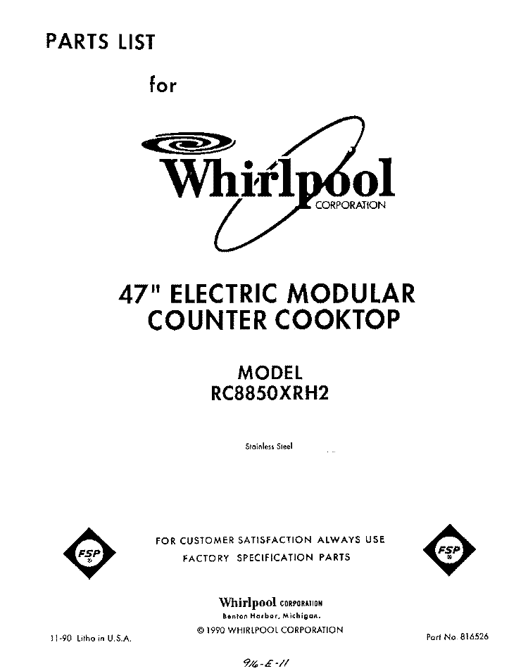SECTION Diagram and Parts List for RC8850XRH2  Whirlpool Cooktop