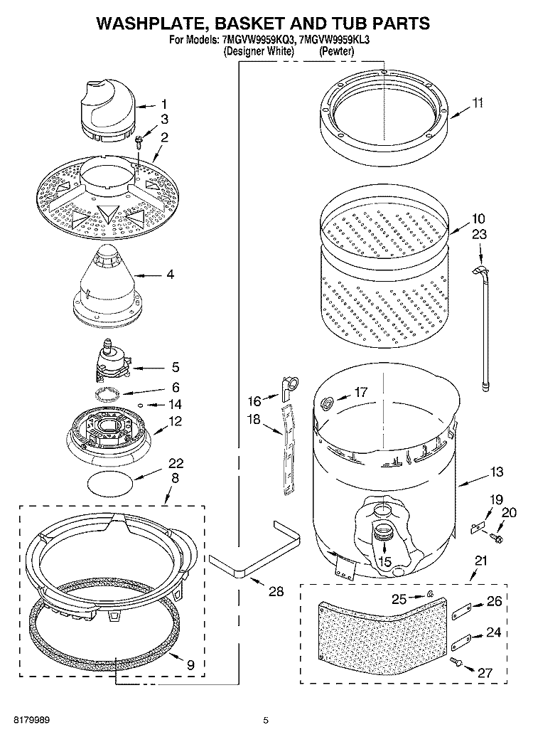 WASHPLATE, BASKET AND TUB PARTS Diagram and Parts List for 7MGVW9959KQ3  Whirlpool Washer