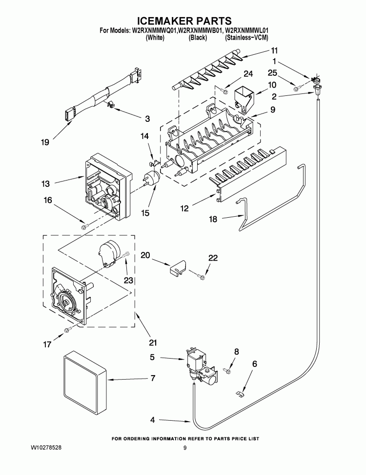 ICEMAKER PARTS Diagram and Parts List for W2RXNMMWL01  Whirlpool Refrigerator