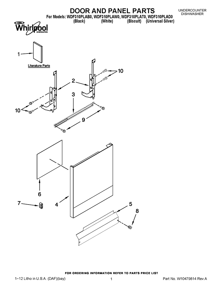 DOOR AND PANEL PARTS Diagram and Parts List for WDF310PLAD0  Whirlpool Dishwasher