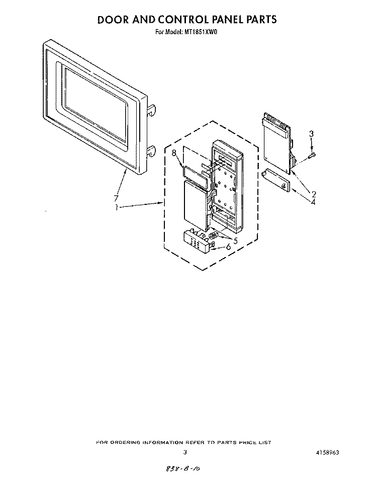 DOOR AND CONTROL PANEL Diagram and Parts List for MT1851XW0  Whirlpool Microwave