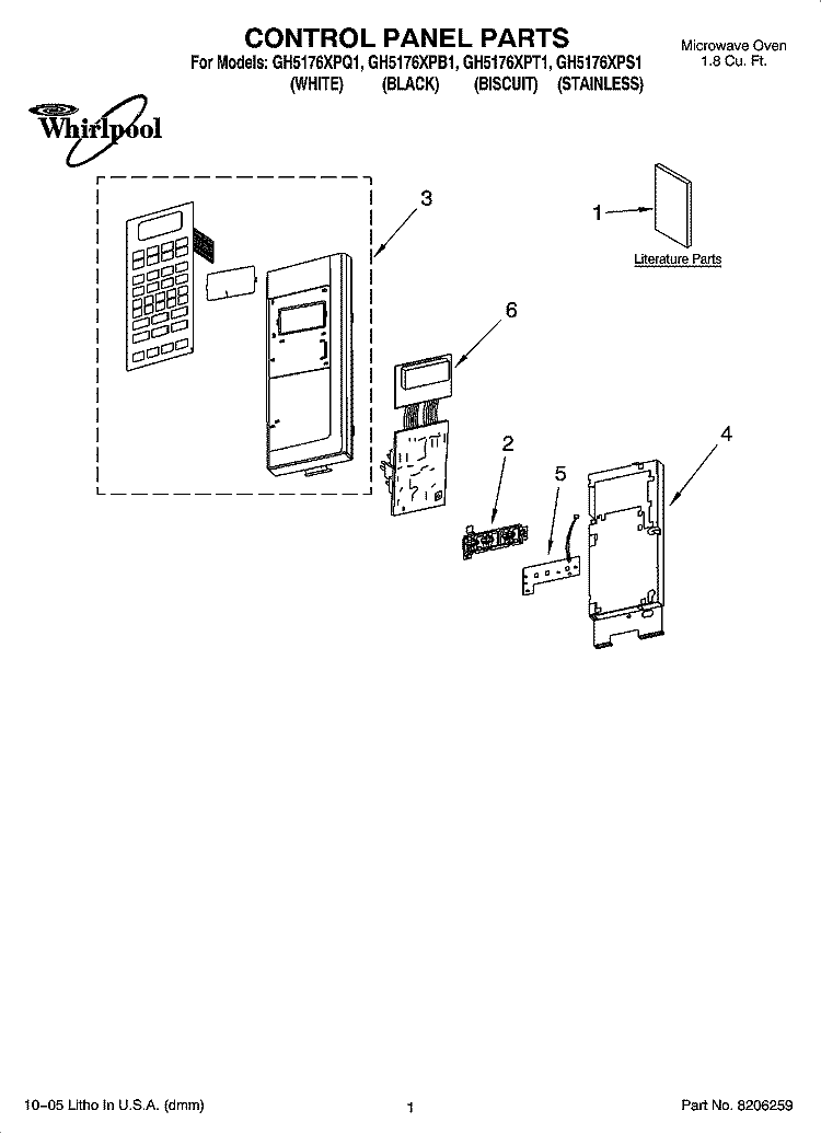 CONTROL PANEL PARTS Diagram and Parts List for GH5176XPT1  Whirlpool Microwave