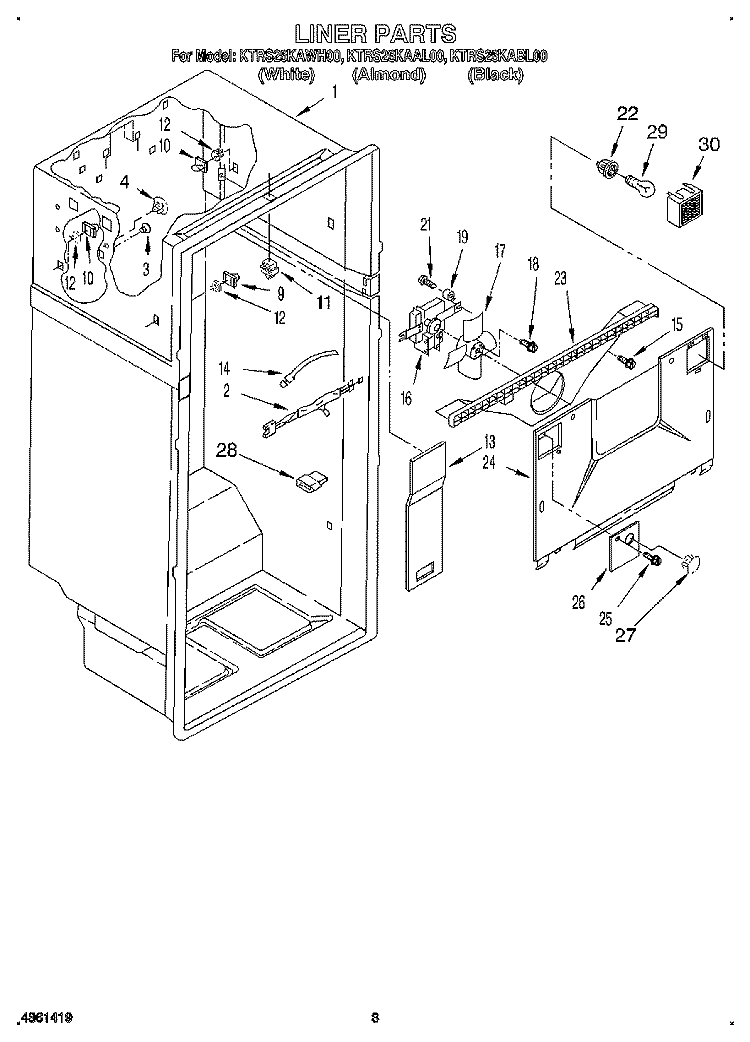 LINER Diagram and Parts List for KTRS25KAWH00  KitchenAid Refrigerator