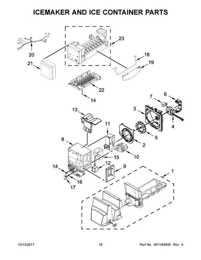 10 - Icemaker And Ice Container Parts Diagram and Parts List for WRF555SDFZ05  Whirlpool Refrigerator