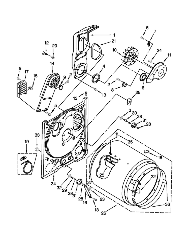 Bulkhead Parts Diagram and Parts List for 3DWED4900YW1  Whirlpool Dryer